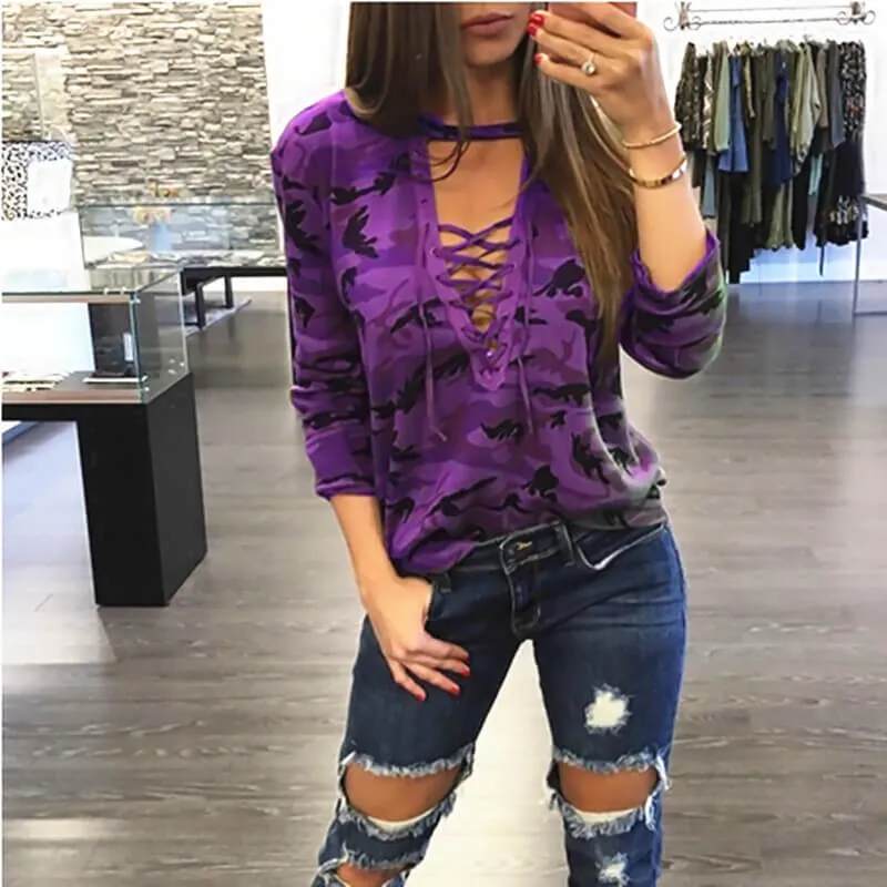 Camouflage Print Straps Cross Hollow Out Sweatshirt