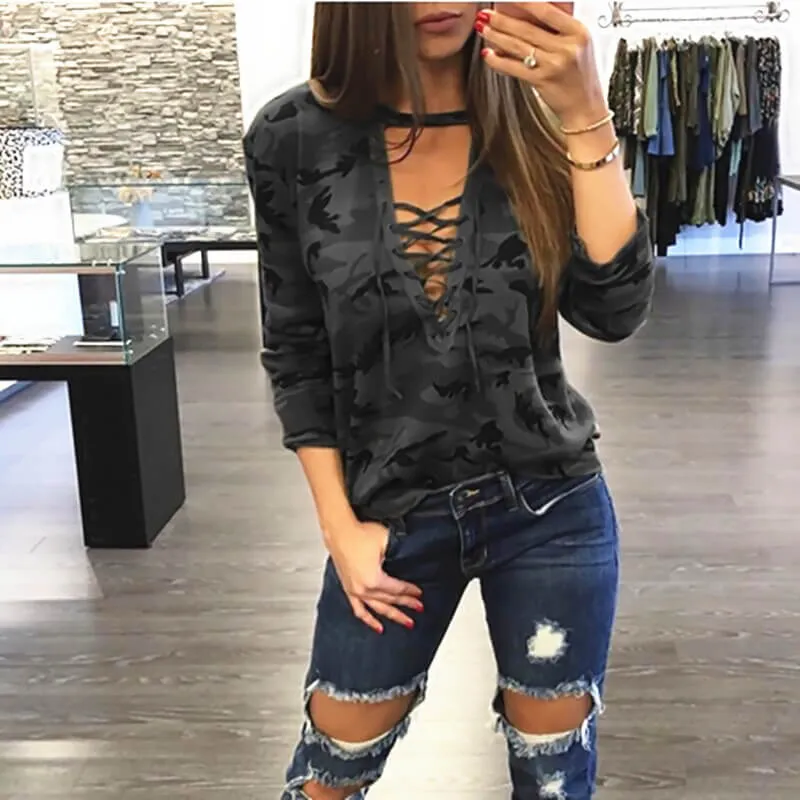 Camouflage Print Straps Cross Hollow Out Sweatshirt