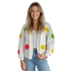 Cardigan Embroidered Patch Knit Smiley Face Sweater (One Size Fits Most)