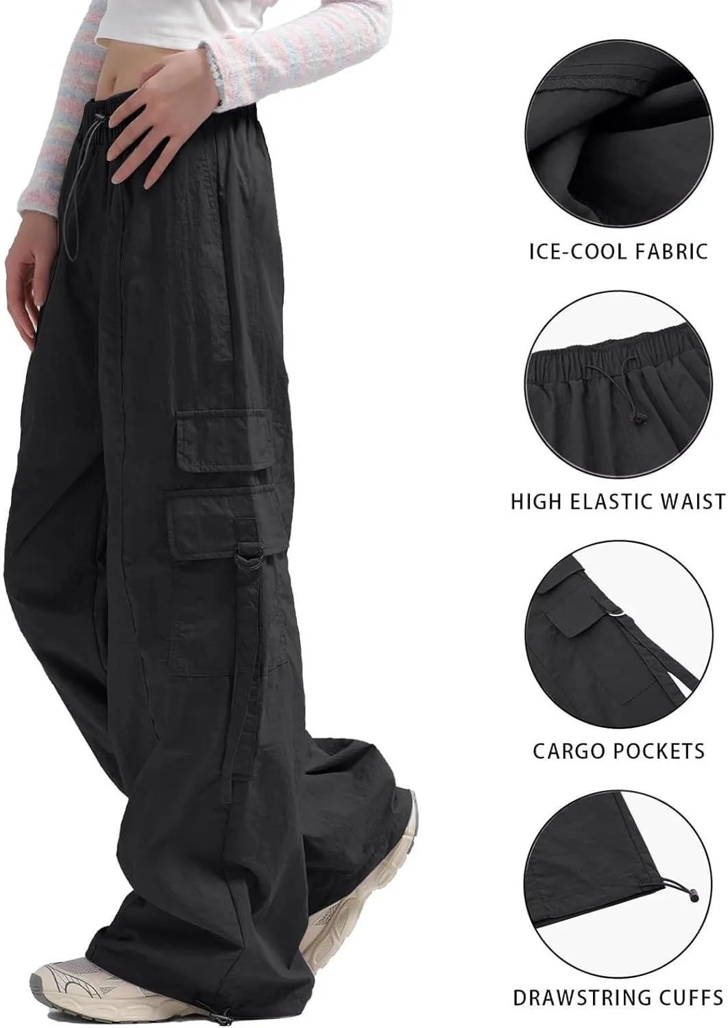 Cargo Pants for Women Summer Wide Leg Pants Elastic High Waist Loose Fit Comfy Casual Trousers with Pockets 2025