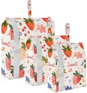 Cartoon Red Strawberry Flowers 3 Set Travel Packing Cubes For Suitcases Reusable Garment Bag Closet Storage Bags For Clothing Space Saving