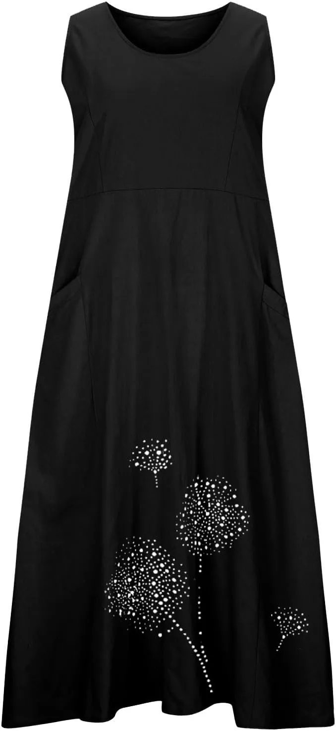 Ceboyel Womens Cotton Linen Maxi Dress Dandelion Print Long Dresses Trendy Vacation Flowy Tank Dress Boho Beach Clothes 2024
