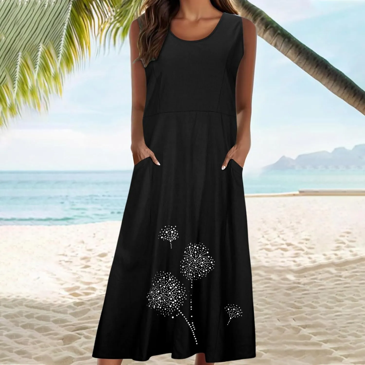 Ceboyel Womens Cotton Linen Maxi Dress Dandelion Print Long Dresses Trendy Vacation Flowy Tank Dress Boho Beach Clothes 2024