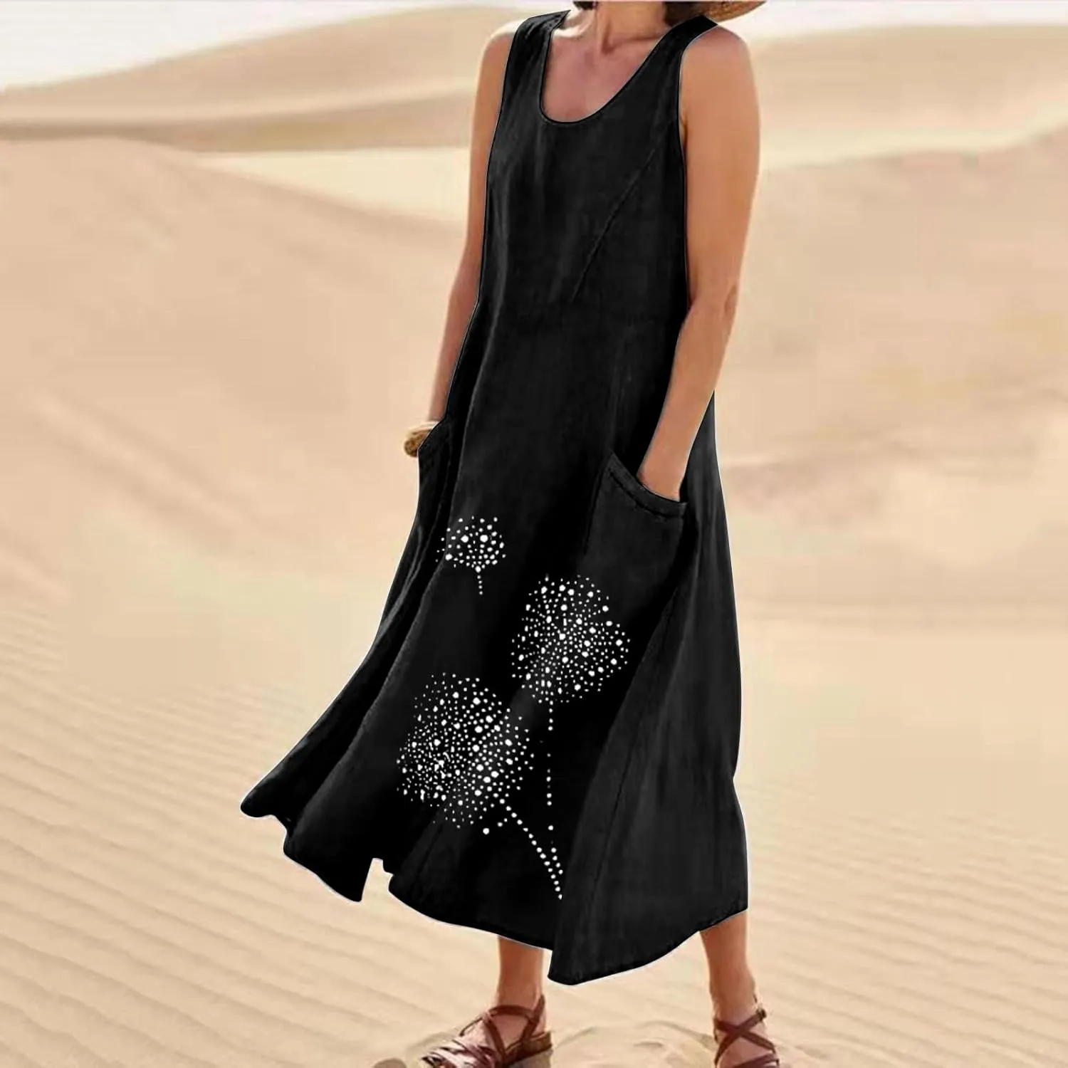 Ceboyel Womens Cotton Linen Maxi Dress Dandelion Print Long Dresses Trendy Vacation Flowy Tank Dress Boho Beach Clothes 2024