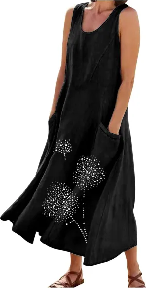 Ceboyel Womens Cotton Linen Maxi Dress Dandelion Print Long Dresses Trendy Vacation Flowy Tank Dress Boho Beach Clothes 2024