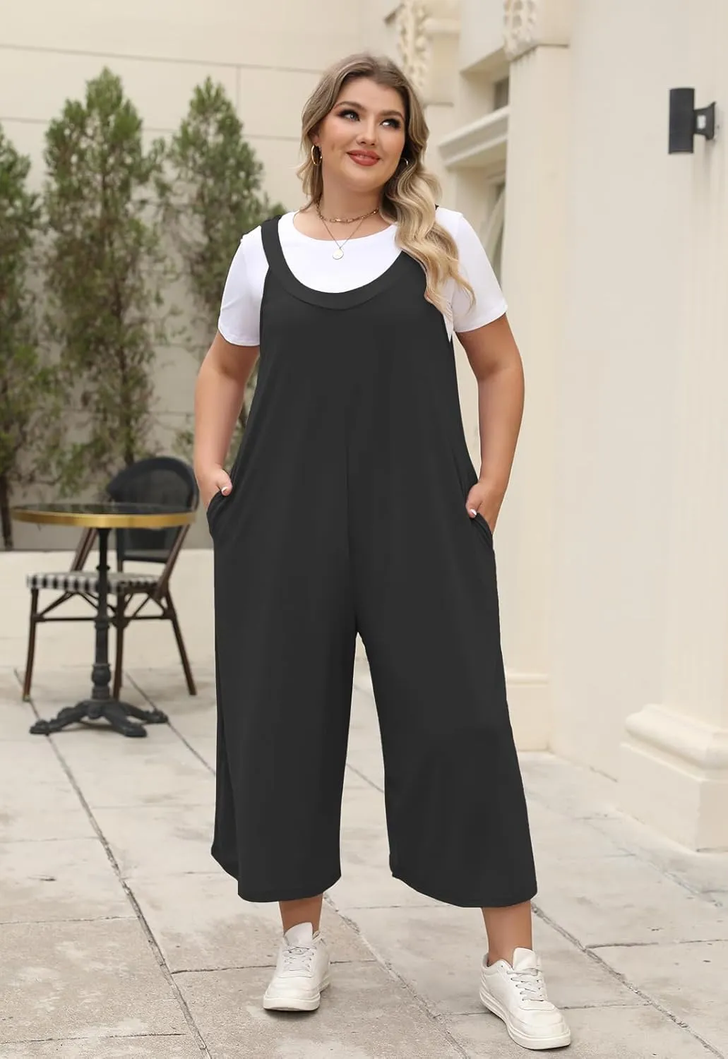 Celkuser Plus Size Summer Loose Casual Sleeveless Jumpsuit Wide Leg Pants For Women Scoop Neck Tank Rompers With Pocket