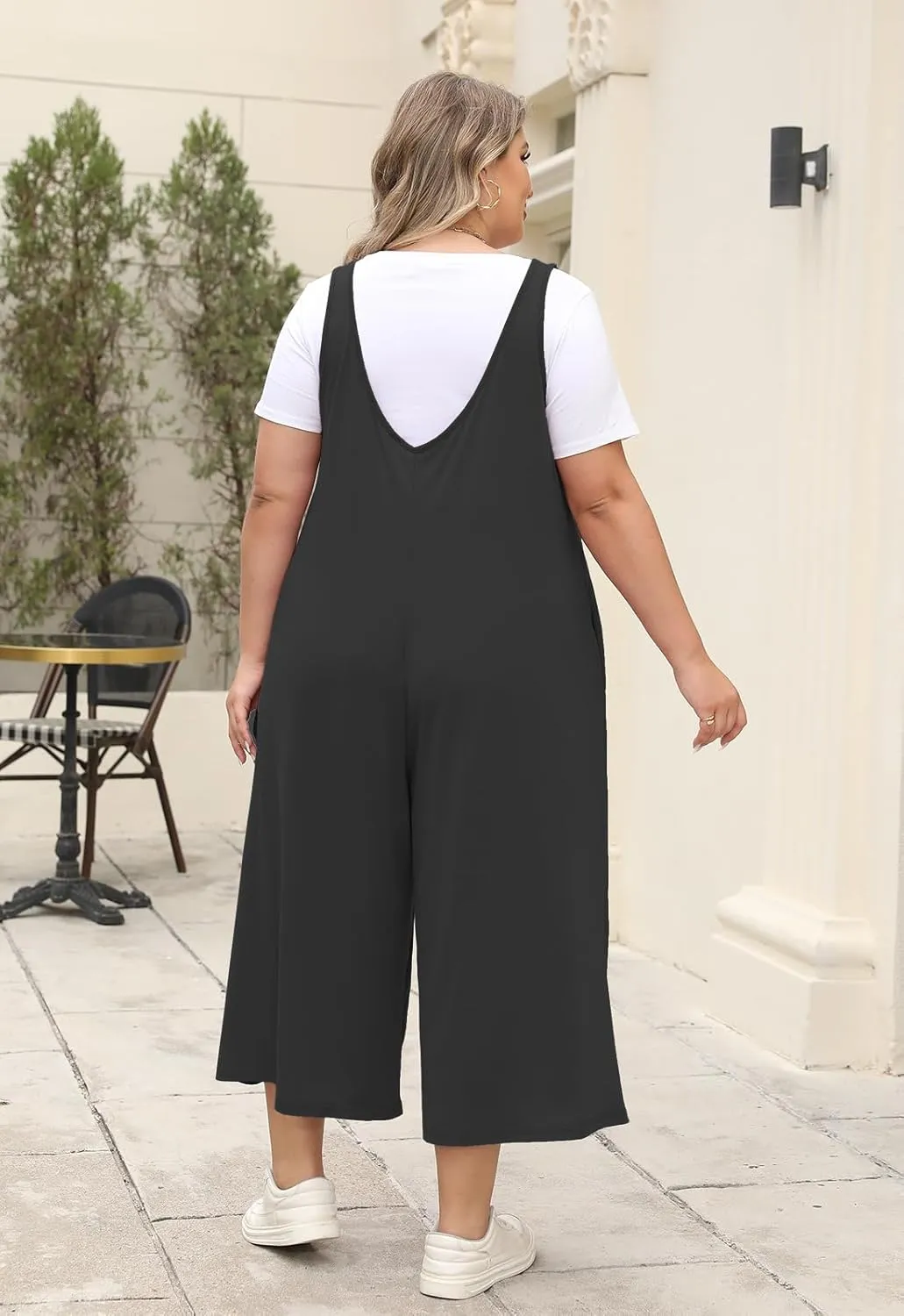 Celkuser Plus Size Summer Loose Casual Sleeveless Jumpsuit Wide Leg Pants For Women Scoop Neck Tank Rompers With Pocket