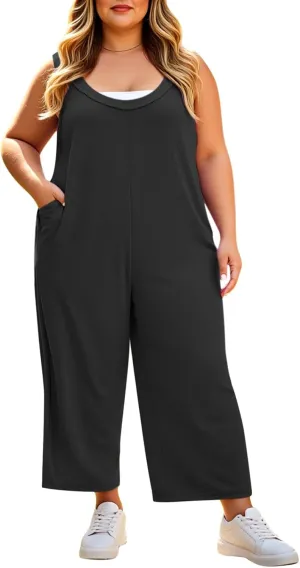 Celkuser Plus Size Summer Loose Casual Sleeveless Jumpsuit Wide Leg Pants For Women Scoop Neck Tank Rompers With Pocket