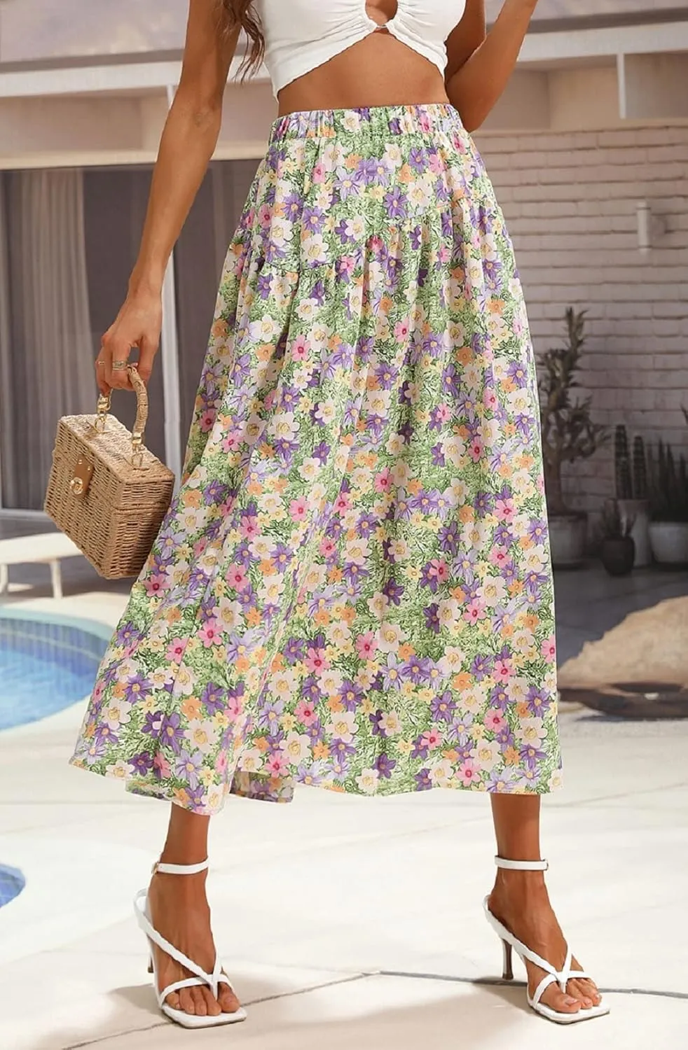 CHARTOU Women's Summer Elastic High Waist Floral Print Pleated Swing Midi Long Boho Skirt