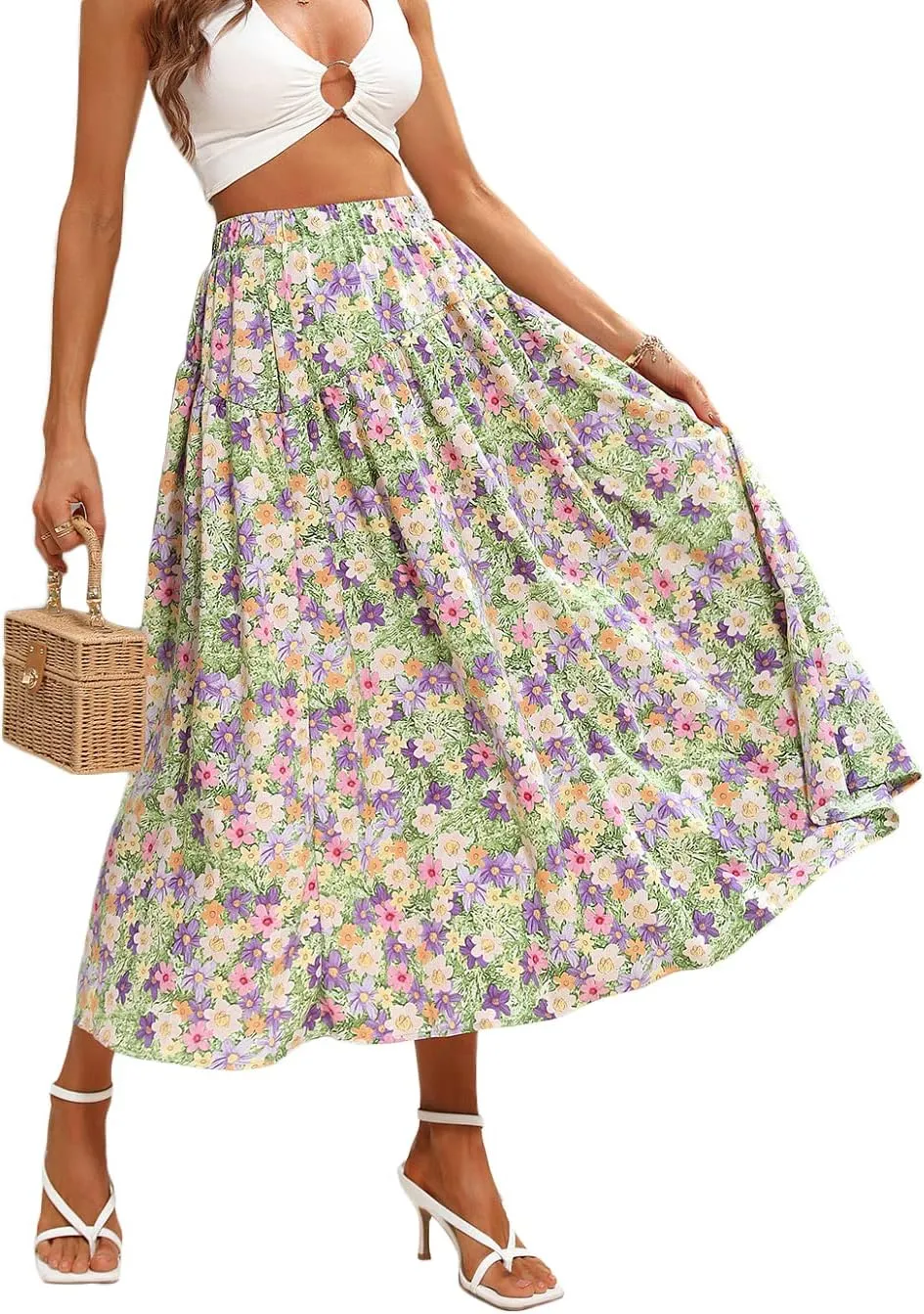 CHARTOU Women's Summer Elastic High Waist Floral Print Pleated Swing Midi Long Boho Skirt