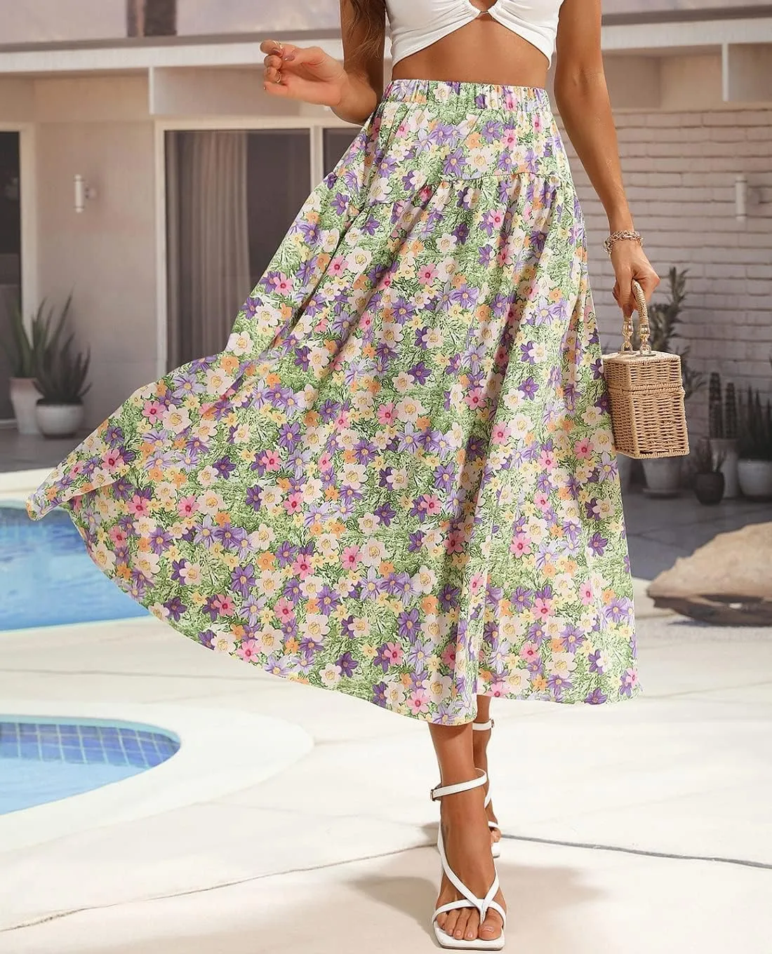 CHARTOU Women's Summer Elastic High Waist Floral Print Pleated Swing Midi Long Boho Skirt