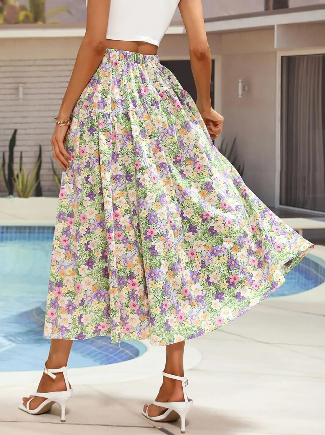CHARTOU Women's Summer Elastic High Waist Floral Print Pleated Swing Midi Long Boho Skirt