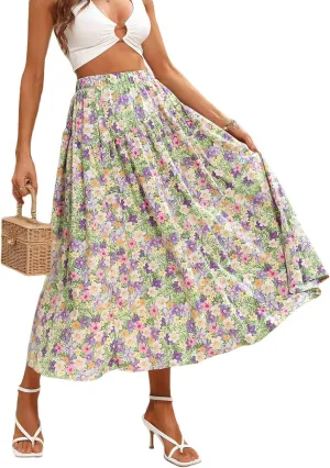 CHARTOU Women's Summer Elastic High Waist Floral Print Pleated Swing Midi Long Boho Skirt