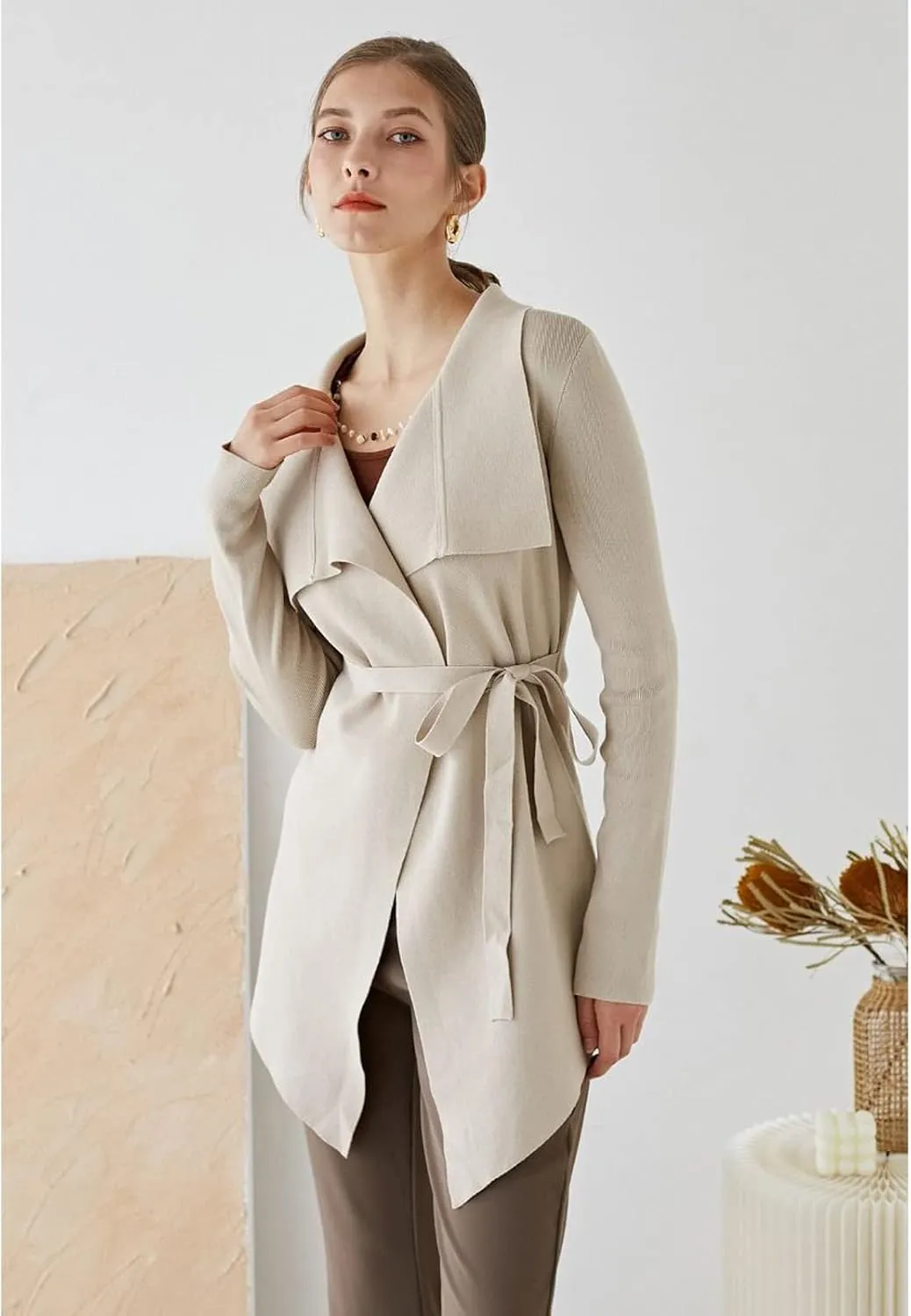 CHICWISH Women's Wide Lapel Tie Waist Knit Cardigan Coatigan Light Jacket