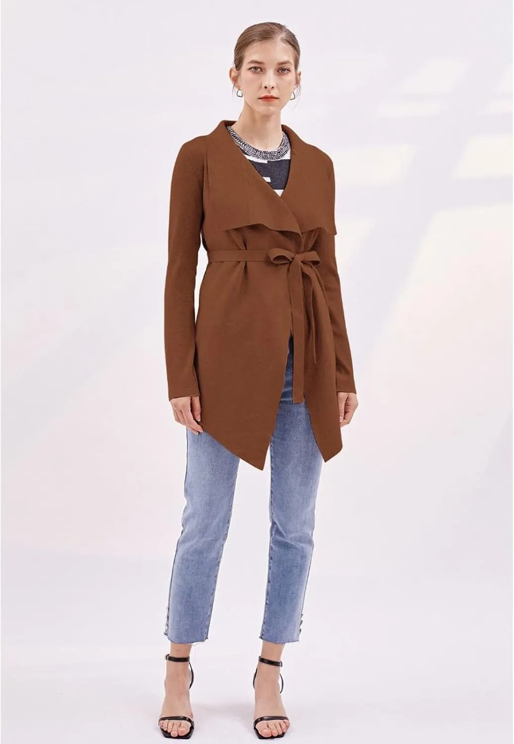 CHICWISH Women's Wide Lapel Tie Waist Knit Cardigan Coatigan Light Jacket