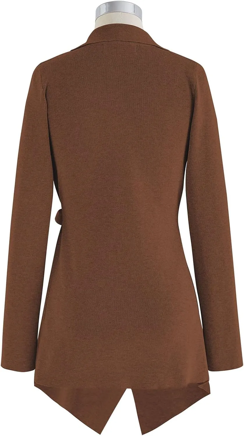 CHICWISH Women's Wide Lapel Tie Waist Knit Cardigan Coatigan Light Jacket