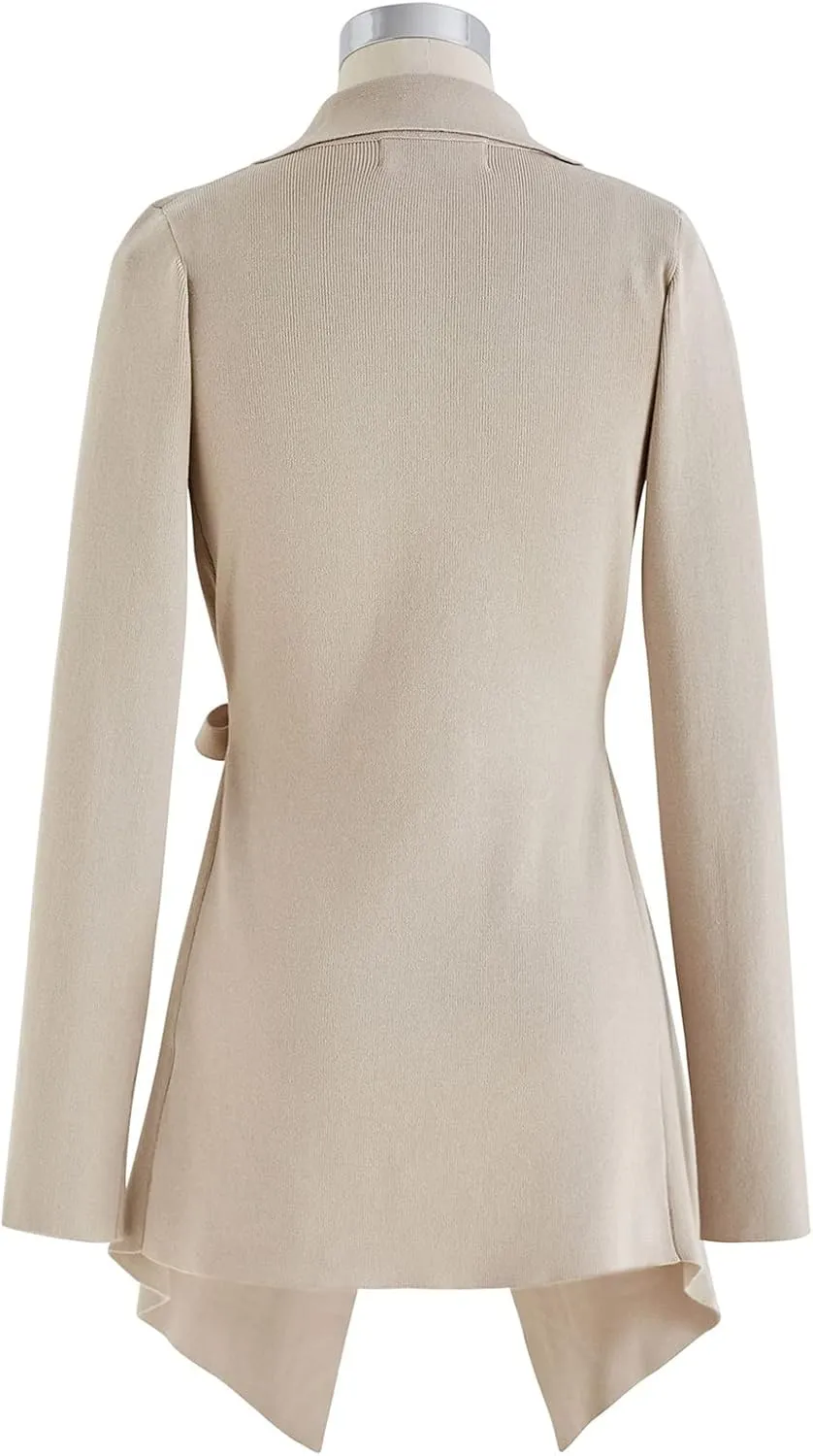 CHICWISH Women's Wide Lapel Tie Waist Knit Cardigan Coatigan Light Jacket