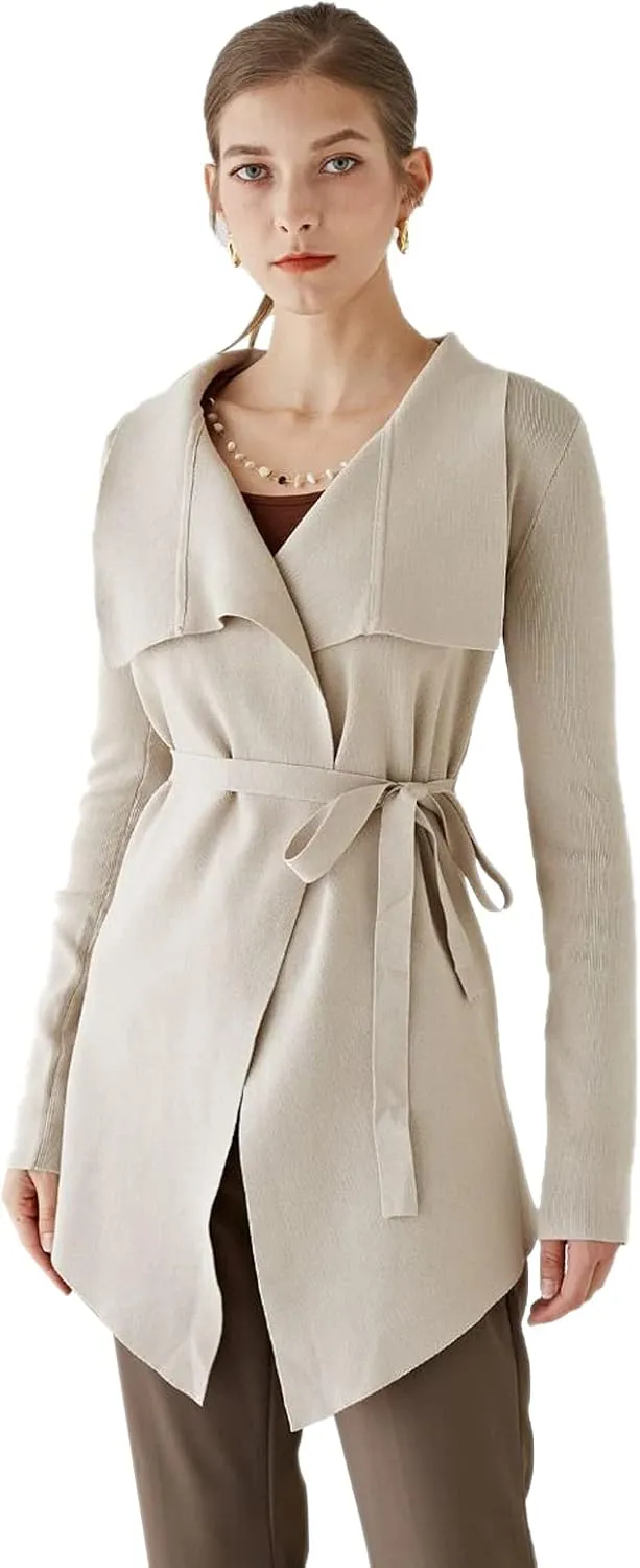CHICWISH Women's Wide Lapel Tie Waist Knit Cardigan Coatigan Light Jacket