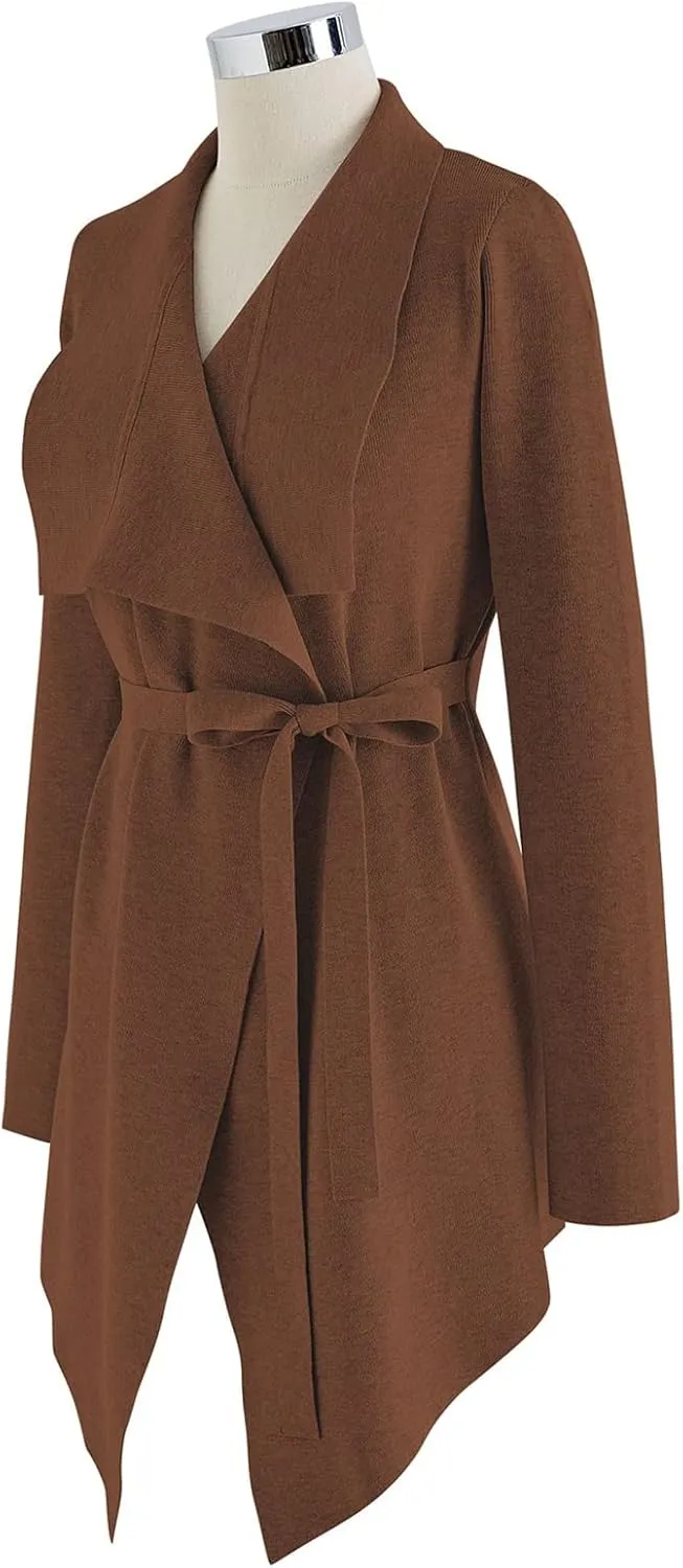 CHICWISH Women's Wide Lapel Tie Waist Knit Cardigan Coatigan Light Jacket