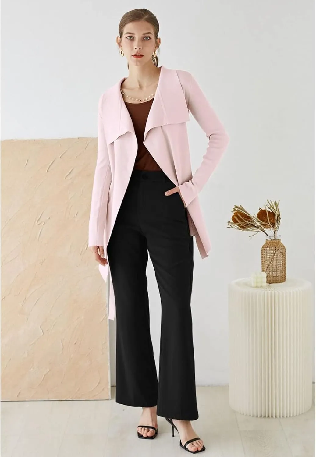 CHICWISH Women's Wide Lapel Tie Waist Knit Cardigan Coatigan Light Jacket