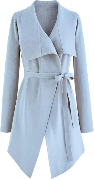 CHICWISH Women's Wide Lapel Tie Waist Knit Cardigan Coatigan Light Jacket