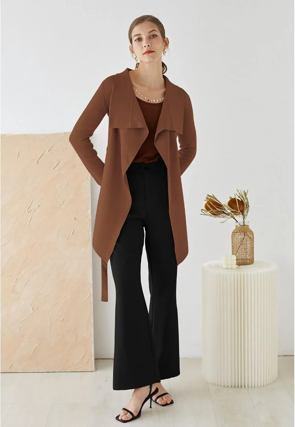 CHICWISH Women's Wide Lapel Tie Waist Knit Cardigan Coatigan Light Jacket