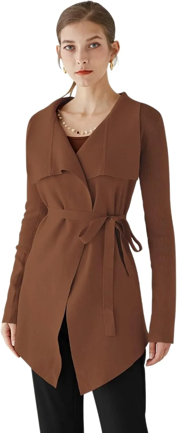 CHICWISH Women's Wide Lapel Tie Waist Knit Cardigan Coatigan Light Jacket