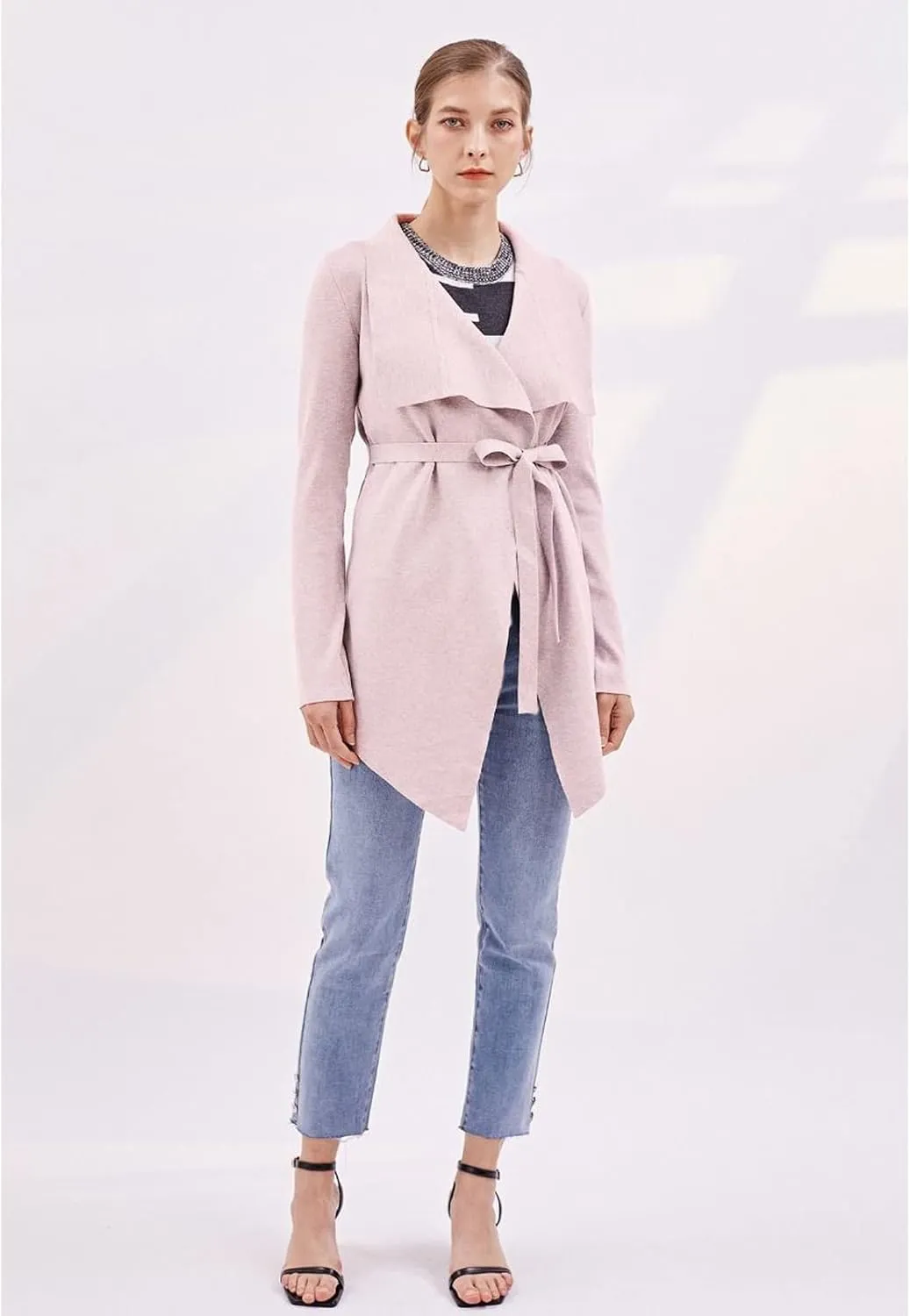 CHICWISH Women's Wide Lapel Tie Waist Knit Cardigan Coatigan Light Jacket
