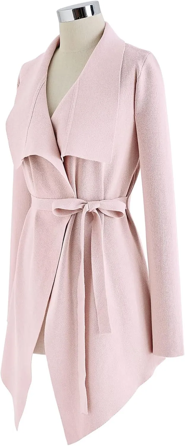 CHICWISH Women's Wide Lapel Tie Waist Knit Cardigan Coatigan Light Jacket