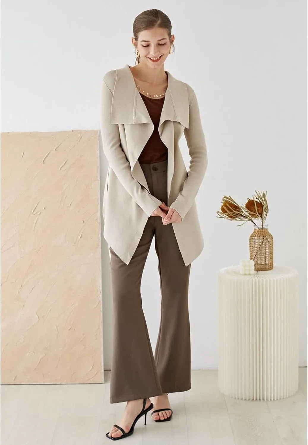 CHICWISH Women's Wide Lapel Tie Waist Knit Cardigan Coatigan Light Jacket