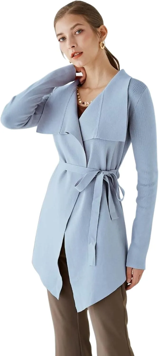 CHICWISH Women's Wide Lapel Tie Waist Knit Cardigan Coatigan Light Jacket