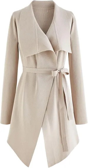 CHICWISH Women's Wide Lapel Tie Waist Knit Cardigan Coatigan Light Jacket