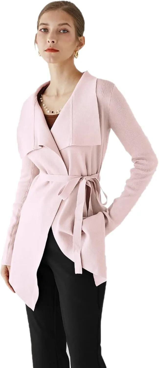 CHICWISH Women's Wide Lapel Tie Waist Knit Cardigan Coatigan Light Jacket