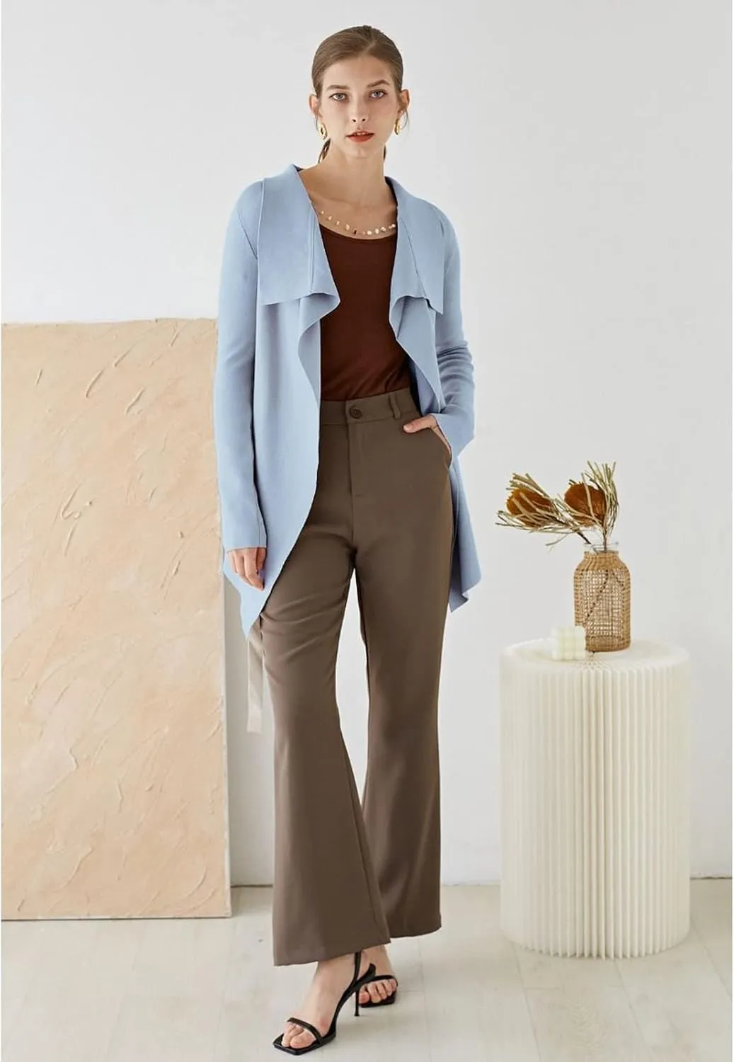 CHICWISH Women's Wide Lapel Tie Waist Knit Cardigan Coatigan Light Jacket