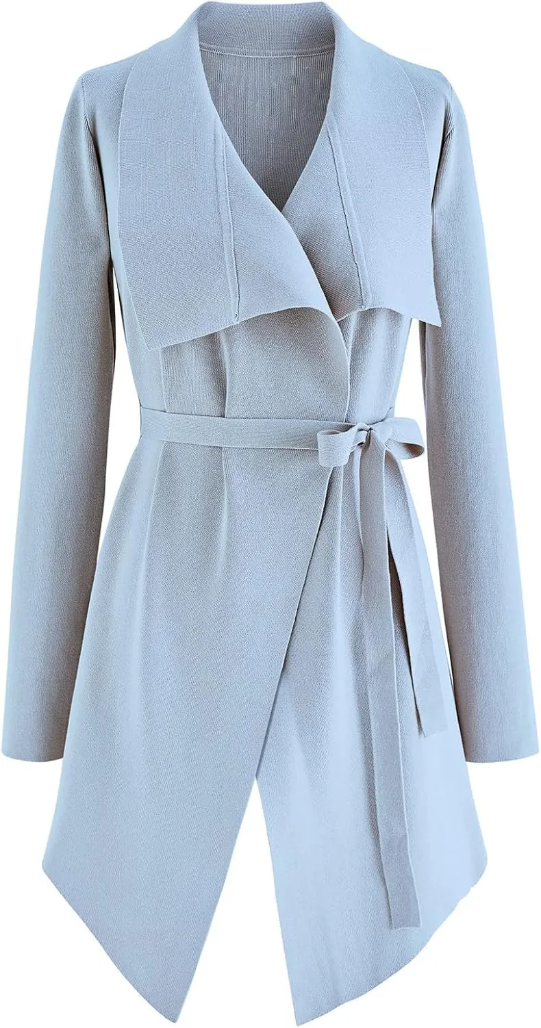 CHICWISH Women's Wide Lapel Tie Waist Knit Cardigan Coatigan Light Jacket
