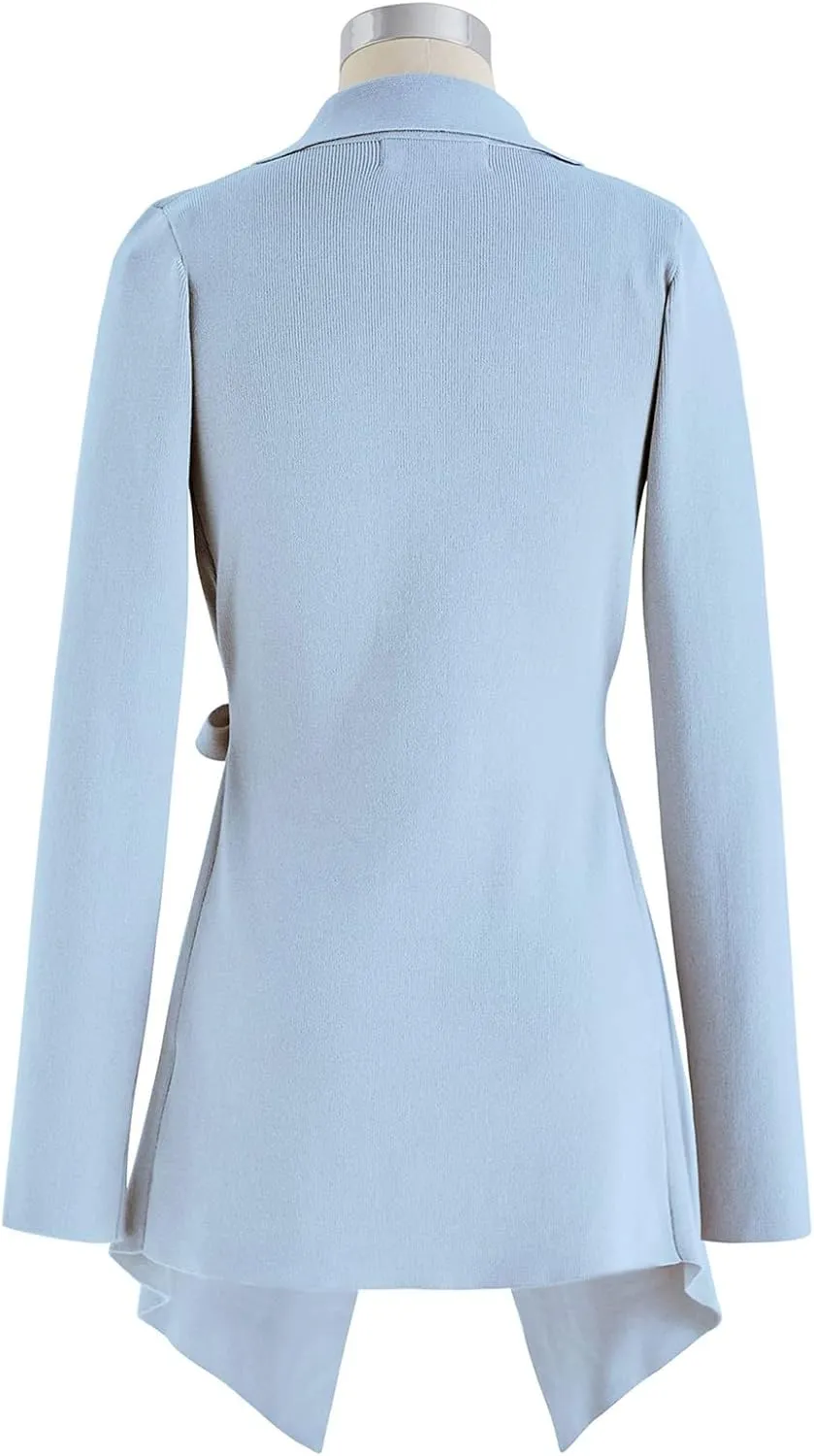 CHICWISH Women's Wide Lapel Tie Waist Knit Cardigan Coatigan Light Jacket