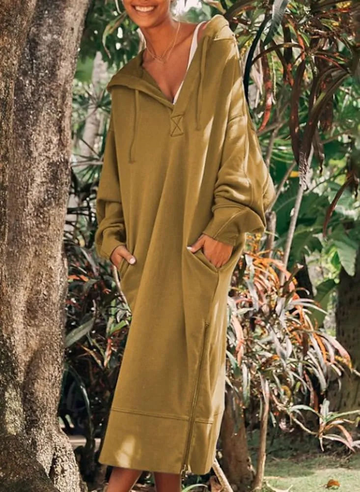 chouyatou Women's Casual Hooded Sweatshirt Dress Loose Oversized Long Sleeve Hoodie Tunic Dress with Pockets