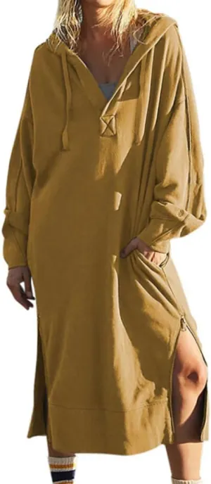 chouyatou Women's Casual Hooded Sweatshirt Dress Loose Oversized Long Sleeve Hoodie Tunic Dress with Pockets