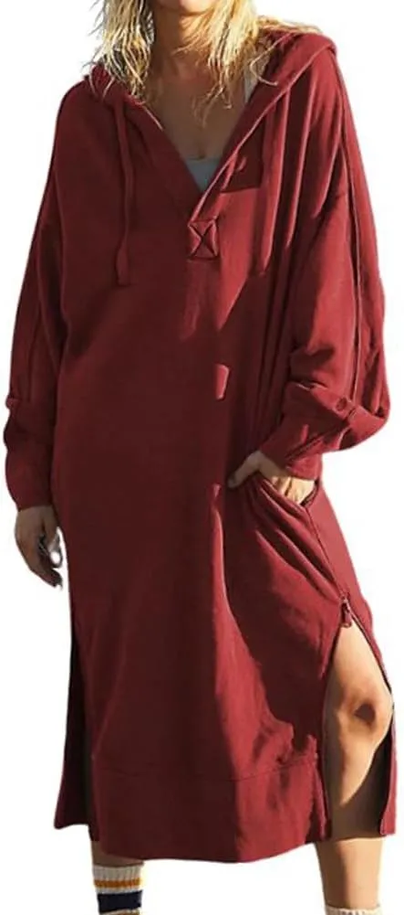 chouyatou Women's Casual Hooded Sweatshirt Dress Loose Oversized Long Sleeve Hoodie Tunic Dress with Pockets