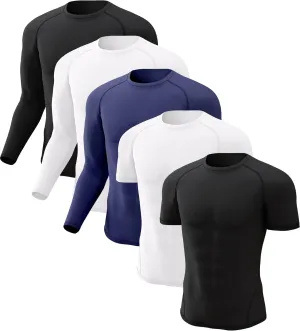 CL convallaria 5 Pack Mens Compression Shirt Workout Rash Guard Long Short Sleeve Undershirts for Athletic Gym Running