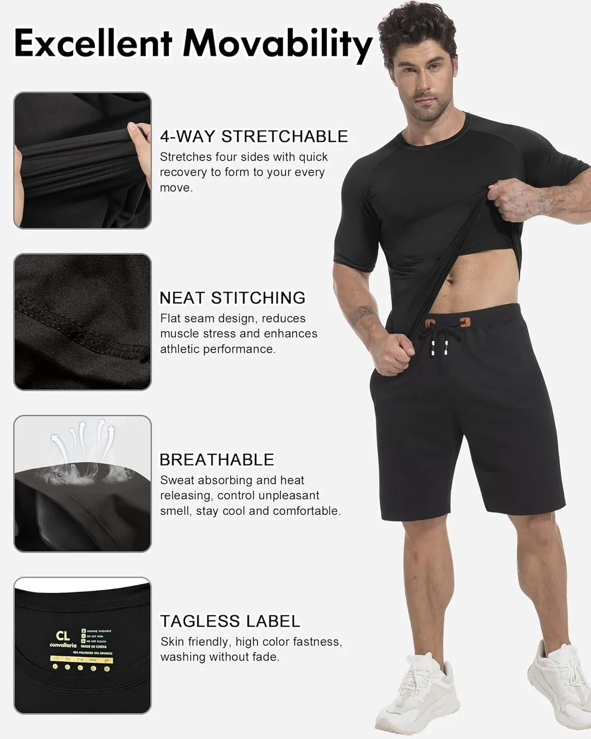 CL convallaria 5 Pack Mens Compression Shirt Workout Rash Guard Long Short Sleeve Undershirts for Athletic Gym Running