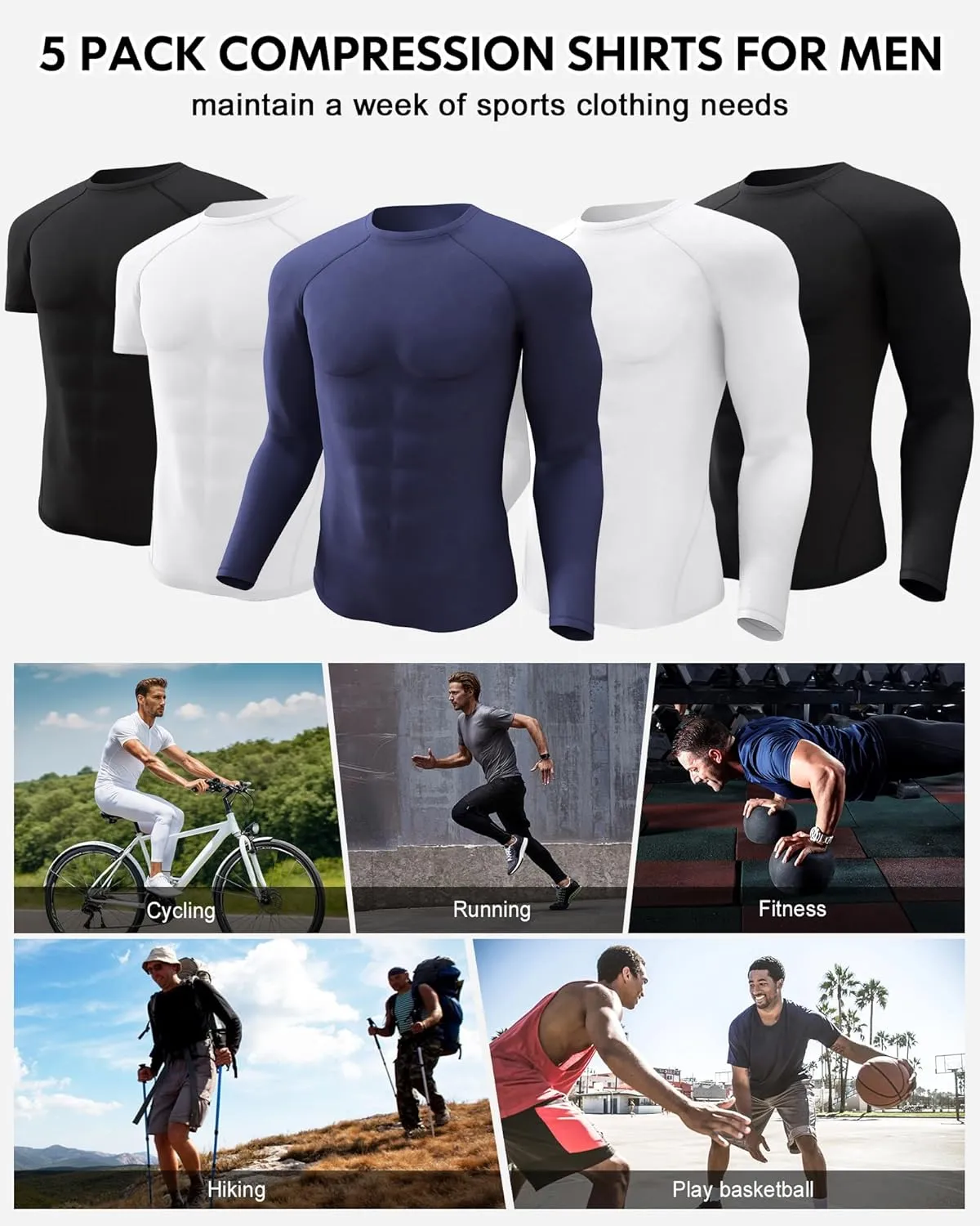 CL convallaria 5 Pack Mens Compression Shirt Workout Rash Guard Long Short Sleeve Undershirts for Athletic Gym Running