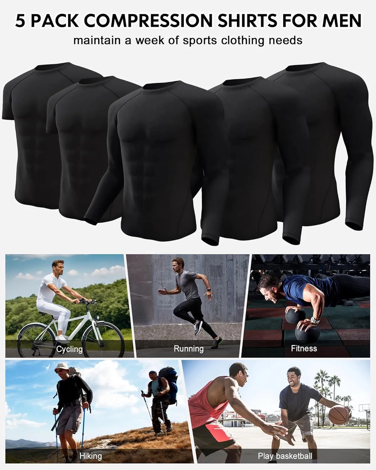CL convallaria 5 Pack Mens Compression Shirt Workout Rash Guard Long Short Sleeve Undershirts for Athletic Gym Running