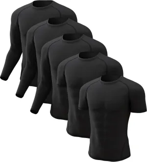 CL convallaria 5 Pack Mens Compression Shirt Workout Rash Guard Long Short Sleeve Undershirts for Athletic Gym Running