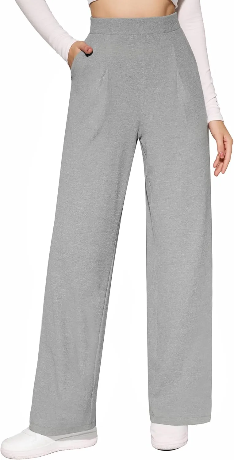 CLOZOZ Womens High Waisted Dressy Pants Tummy Control Waffle Knit Loose Fit Straight Leg Stretch Casual Wide Leg Trouser