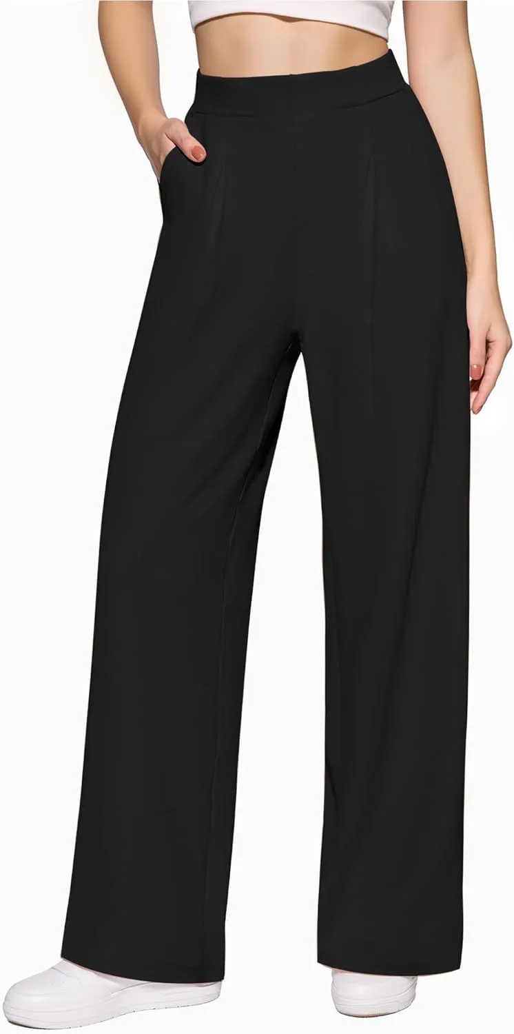 CLOZOZ Womens High Waisted Dressy Pants Tummy Control Waffle Knit Loose Fit Straight Leg Stretch Casual Wide Leg Trouser