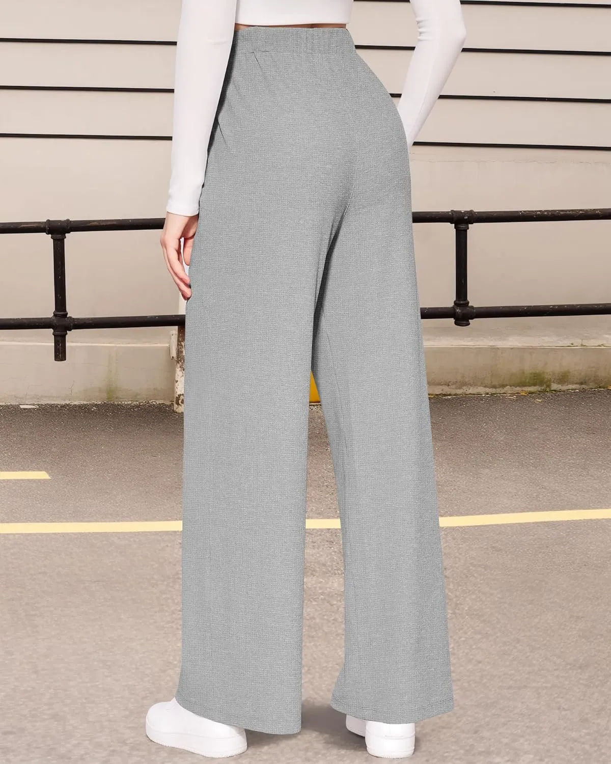 CLOZOZ Womens High Waisted Dressy Pants Tummy Control Waffle Knit Loose Fit Straight Leg Stretch Casual Wide Leg Trouser