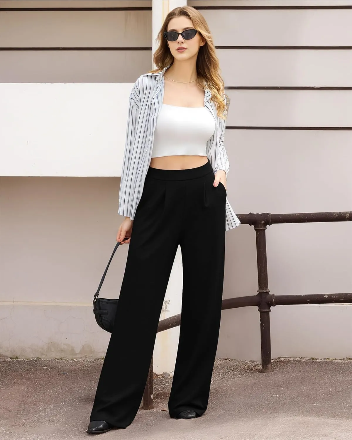 CLOZOZ Womens High Waisted Dressy Pants Tummy Control Waffle Knit Loose Fit Straight Leg Stretch Casual Wide Leg Trouser