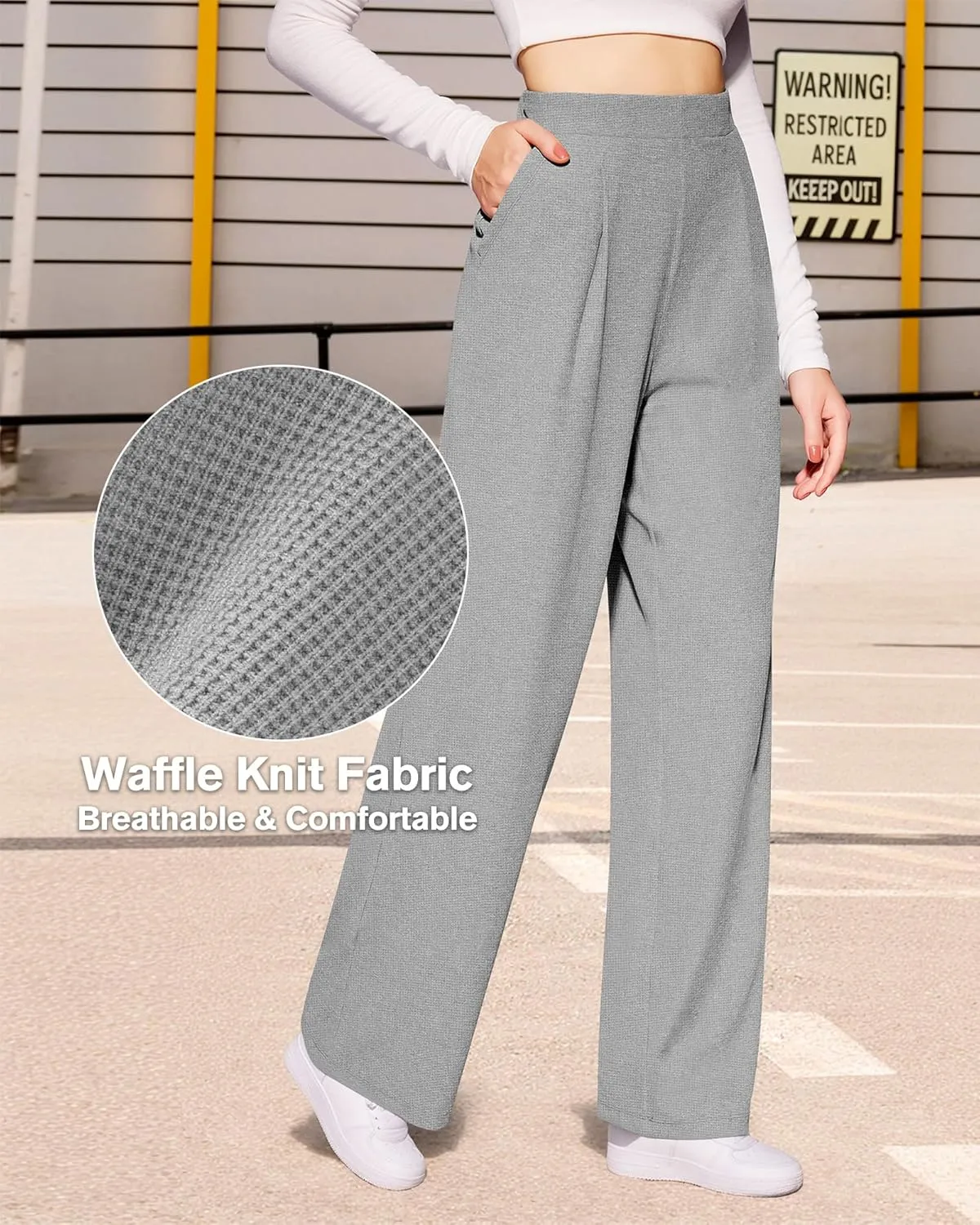 CLOZOZ Womens High Waisted Dressy Pants Tummy Control Waffle Knit Loose Fit Straight Leg Stretch Casual Wide Leg Trouser