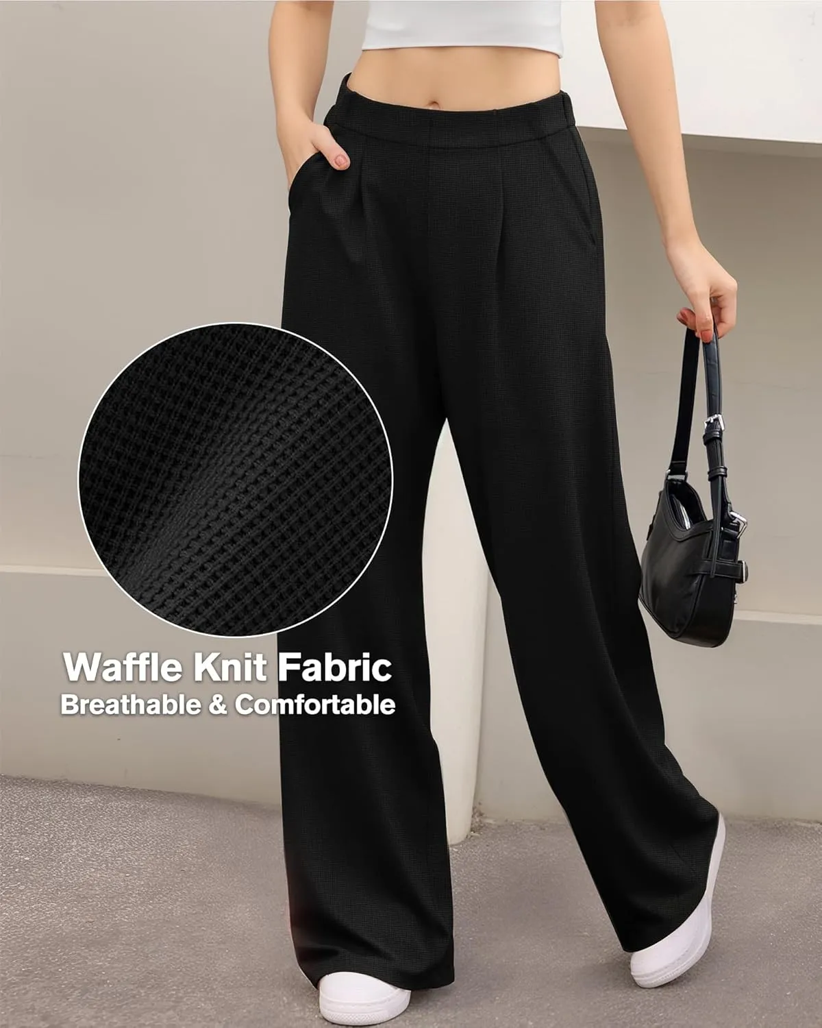 CLOZOZ Womens High Waisted Dressy Pants Tummy Control Waffle Knit Loose Fit Straight Leg Stretch Casual Wide Leg Trouser